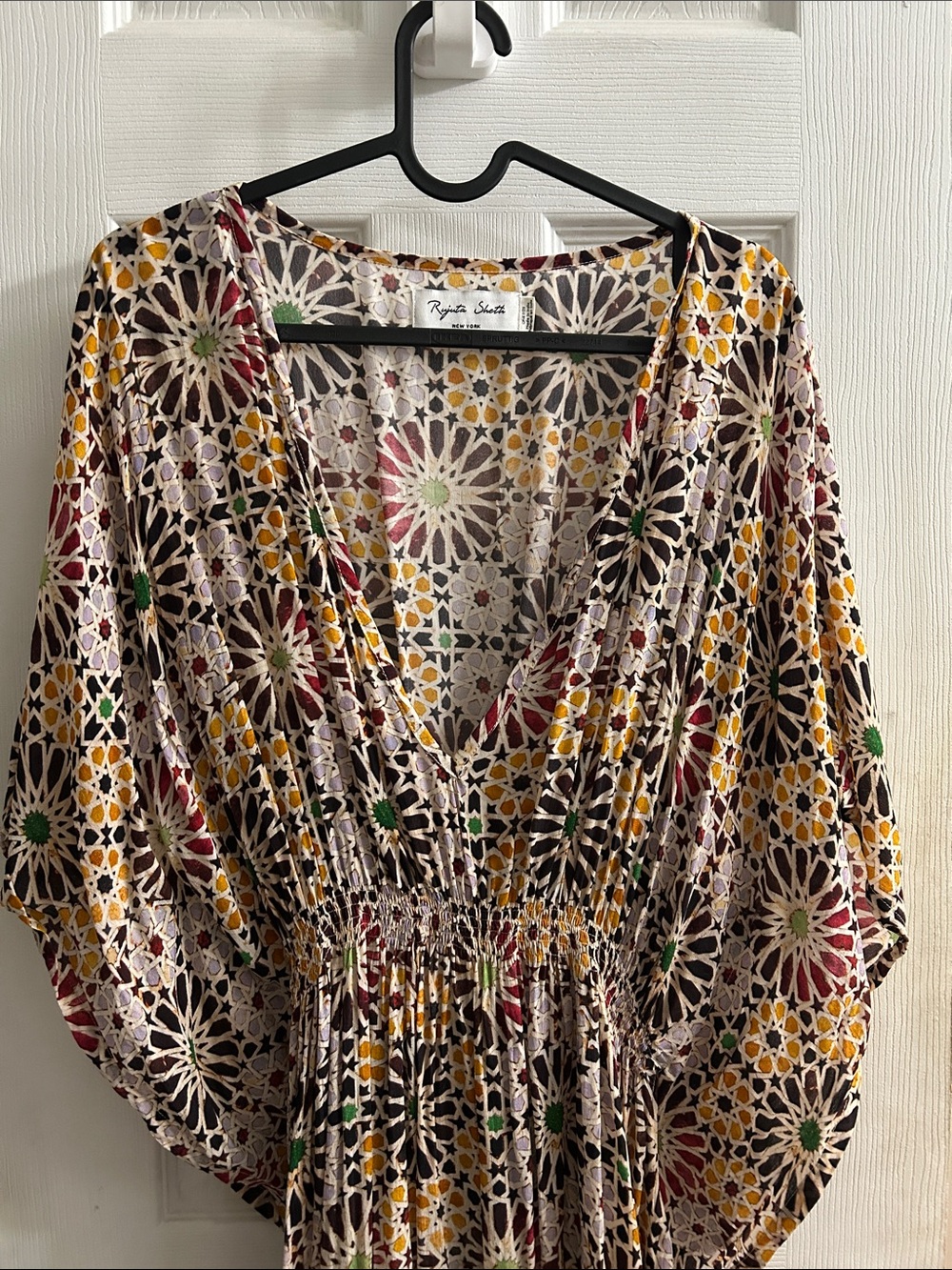 Rujuta Sheth Marie Cinch Sheer Kaftan Dress Tile Print OS Viscose Boho Flowy